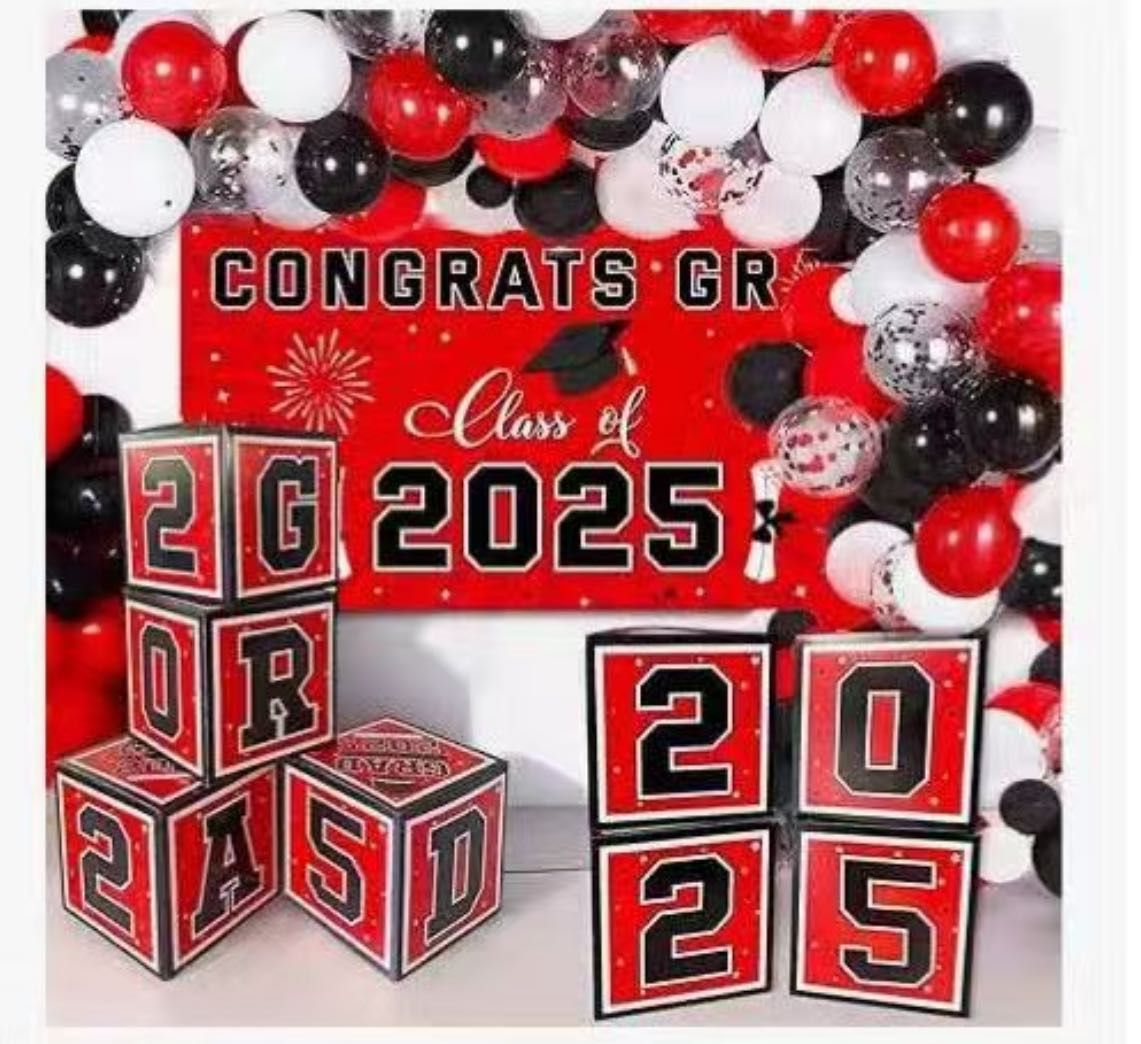 Graduation Decorations Class of 2025 – Black, Red & White | 2025 GRAD Balloon Boxes with Letters, Balloon Garland Kit, Congrats Grad Backdrop, Graduat