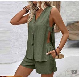 Women's Olive Green Linen Two-Piece Set