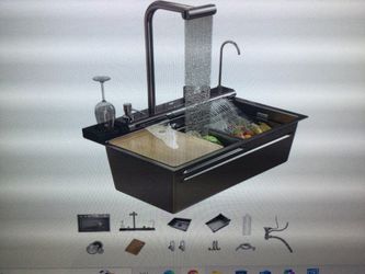 DUAL WATERFALL KITCHEN SINK, MODERN STAINLESS STELL SINGE BOWL WORKSTATION SINK WITH PULL OUT FAUCET, SOAP DISPENSER, DIGITAL