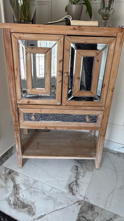 Rustic Farmhouse Wood Accent Cabinet with Mirrored Doors & Drawer
