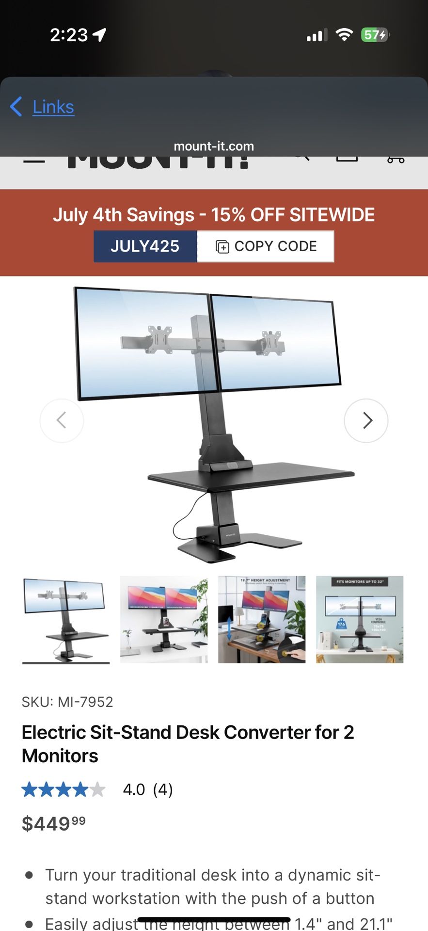 Electric Sit-Stand Desk Converter for 2 Monitors