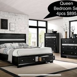 New Solid Queen Bedroom Set 4pcs 