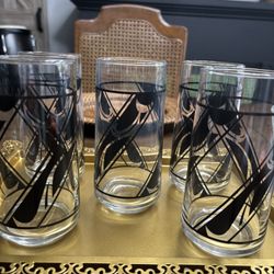 Five Art Deco Mcm Vintage Black And Clear 6 Inch High Ball Glasses 