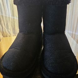 Furry Black Glittery Boots - Size 9