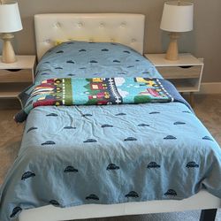 White Leather Bed Frame with Tufted Headboard, kids table and chair set