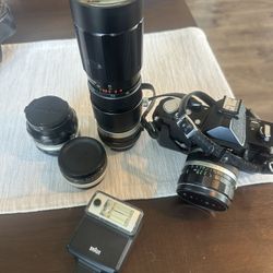 Nikkormat (Nikon) camera model FT (contact info removed) (1975) and 4 lenses