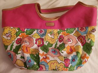 Canvas tote, gently used, colorful floral print ,dexter brand, about 25 inches wide and 20 inches deep