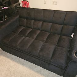 55" Multi-functional Velvet Sofa Bed with Cup Holder and USB Port for Living Room - Black


