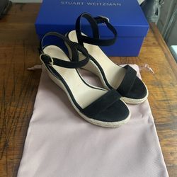 STUART WEITZMAN Women's Teddi Espadrille Wedge Sandals Black Suede Orig $395 Sz7