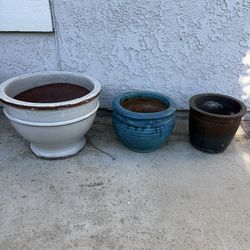 Set of 3 Glazed Ceramic & Clay Planters