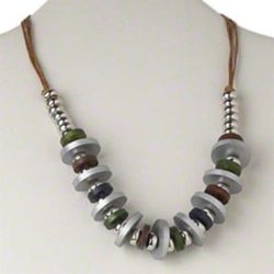 Mid Century Style Silver Brown Multi Wood Disc Statement Necklace