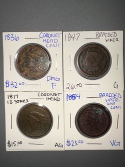 USA Large Cent coin lot of 4 plus a 1864 wheat cent.