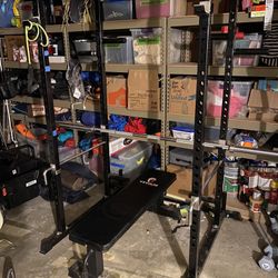 Weight Rack, Weights, Barbell And Bench 