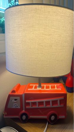 Red Fire Truck Kids Table Lamp Nursery Room Decor Dalmatian Dog