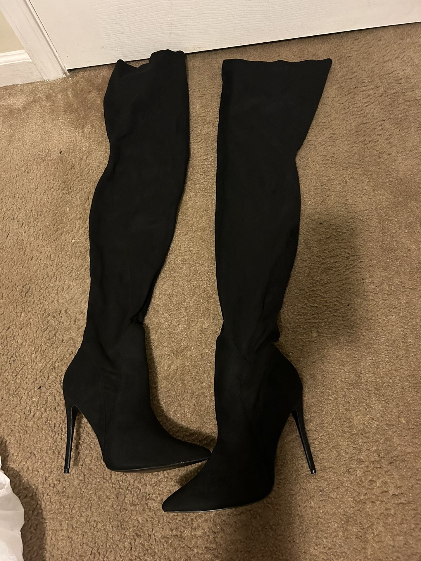 Pretty Little Thing Black Suede Thigh High Boots 