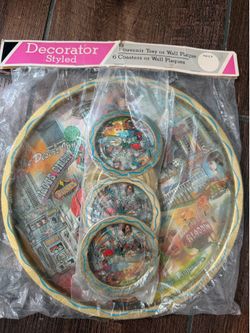 1970 Vintage Set of Tray 11" 6 Coaster Las Vegas Hotel Tin Souvenir Bar Serving