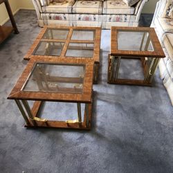 Coffee Table Wood Grain w/ beveled glass inlay w brass accents. w/  2x matching end tables