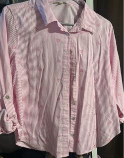 Pink Striped Heart Print Button-Up Shirt