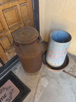 Antique Milk Can & chicken feeder