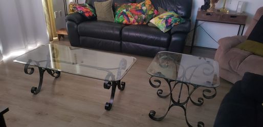 2 Vintage Wrought Iron & Glass Coffee and End Table Set – Mediterranean/Spanish Style