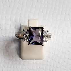 925 Silver CZ and Amethyst Ring Size 7