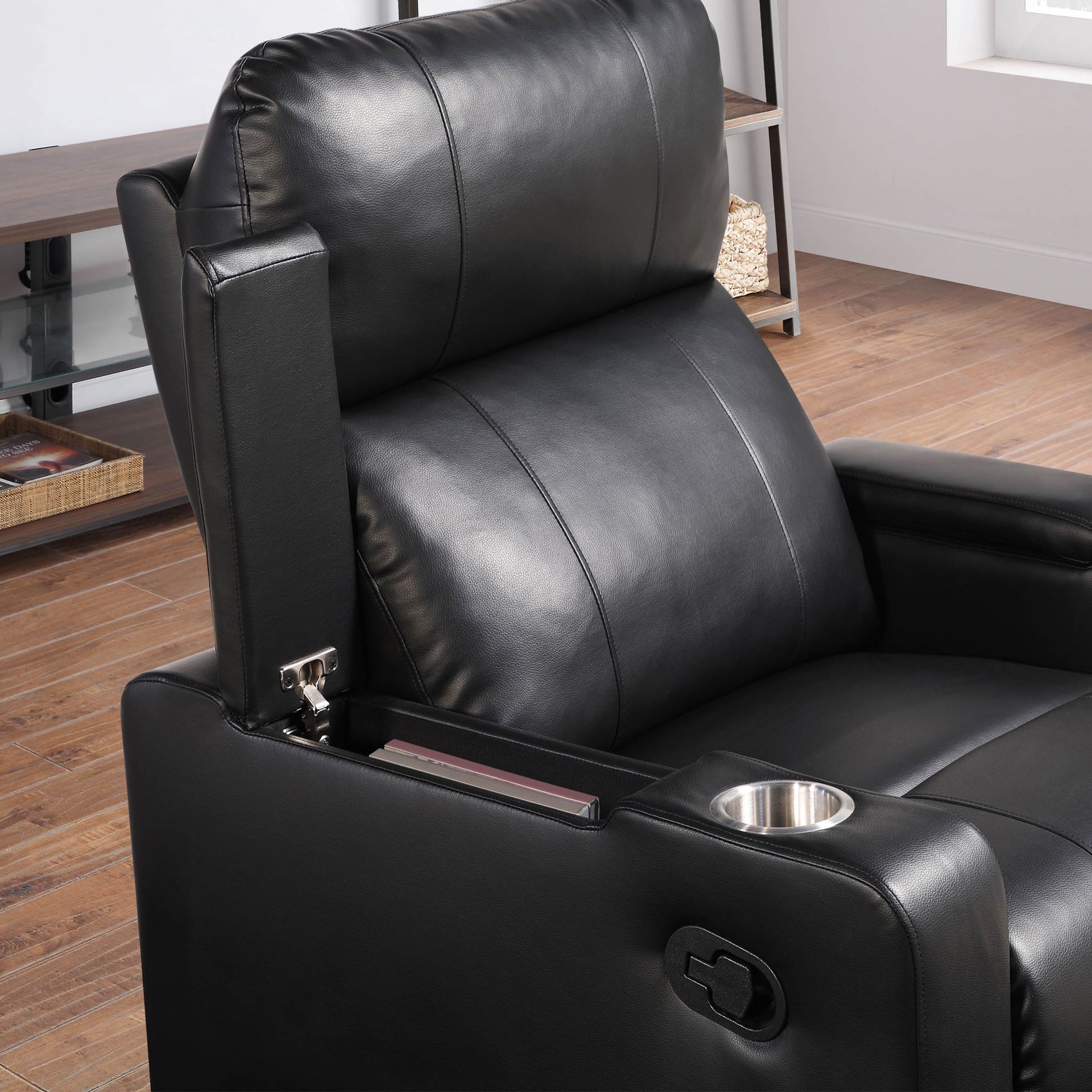 Mainstays Home Theater Recliner with USB Charging Ports and In-Arm Storage, Black Faux Leather Black - 34.5" W x 37.75" D x 41.5" H