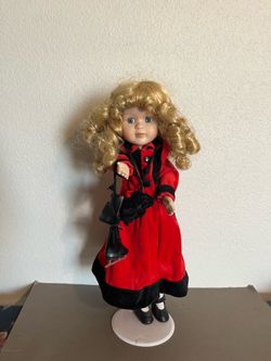 Vintage Porcelain Brass Key Collection 12” Doll, Red & Black Suede Outfit