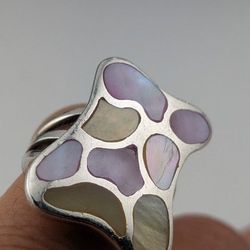 🩷💜💍Vintage Mosaic Mother Of Pearl Sterling Silver Statement Ring SIZE 5.5✅