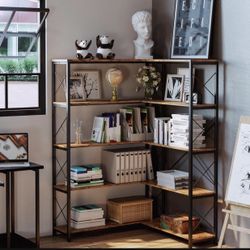 Bookcases and Bookshelves Industrial Corner Etagere Bookcase L Shaped 5 Tier with Metal Frame for Living Room Home Office