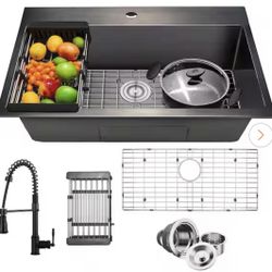 All-in-One Matte Black Finished Stainless Steel 33 in. x 22 in. Drop-In Single Bowl Kitchen Sink with Spring Neck Faucet