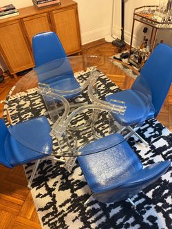 Glass/Acrylic Dining Table with 4 Vintage Blue Swivel Chairs