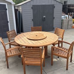 58” Round Teak Wood Table / 6 - 27” Wide Chairs