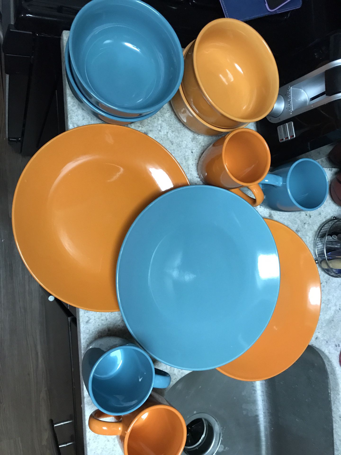 Porcelain Blue and Orange Dinner Plate, Bowl, Coffee Cup Set