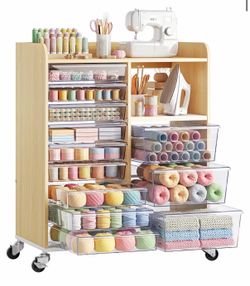 12-Drawer Storage Cabinet with Wooden Top, Storage Furniture System with PET Clear Drawers, Open Shelf & Lockable Wheels, for Craft Room, Makeup Vanit
