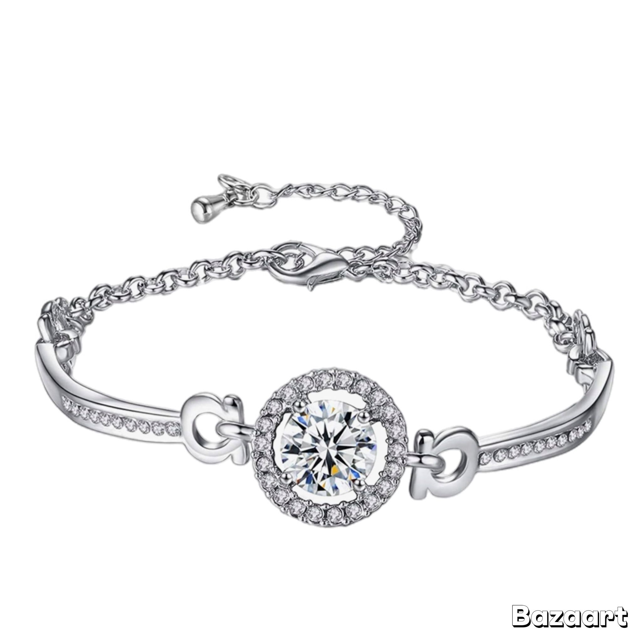 Silver Plated Cubic Zirconia Inlaid Adjustable Chain Bracelet Bangle
