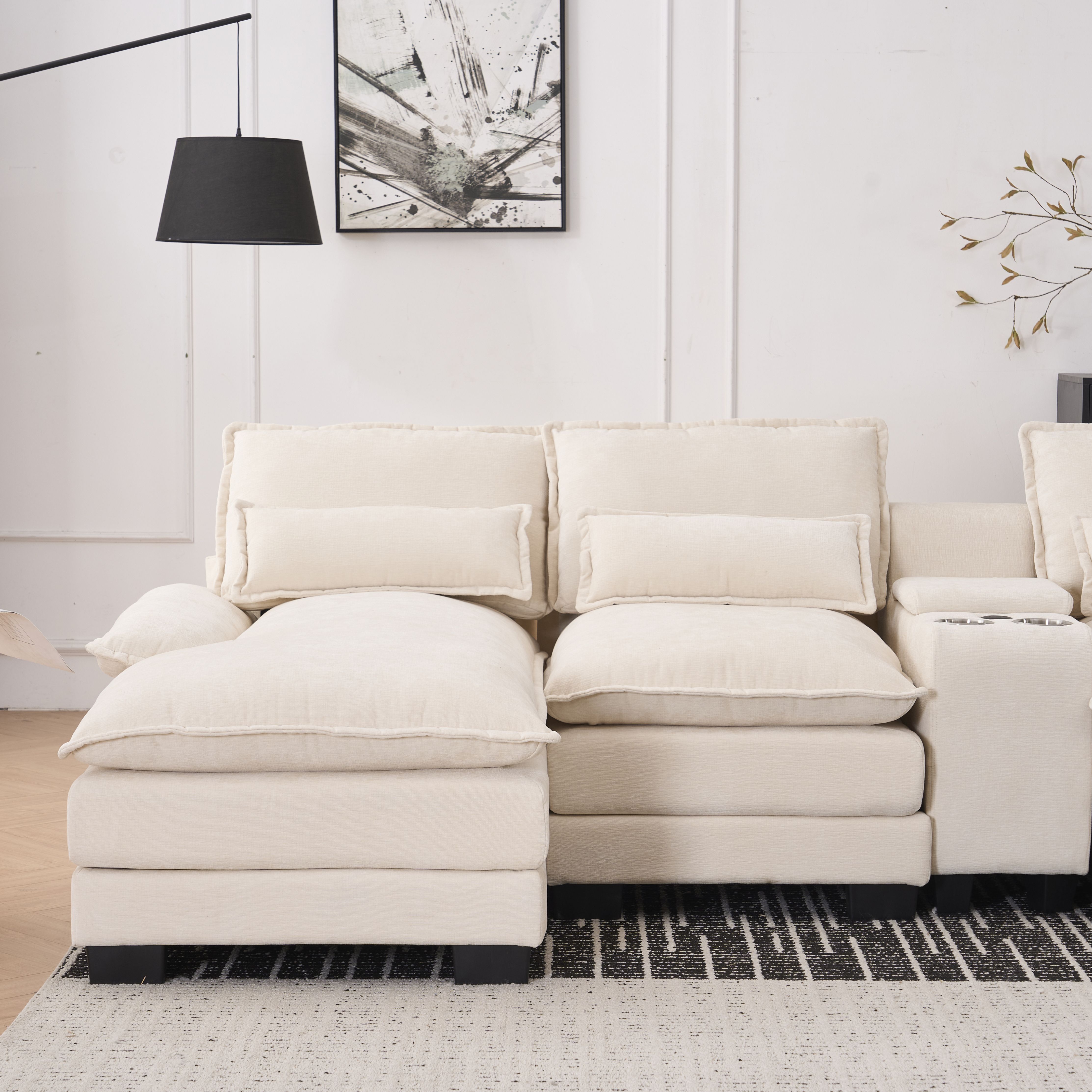 Modern U-shaped Sofa with Console,Cupholders and USB Ports,6-seat Upholstered Symmetrical Indoor Furniture,Sleeper Couch Set with Chaise for Living Ro