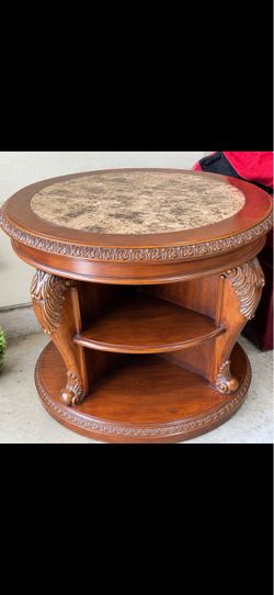 Beautiful Round Wood End Table with Marble Top