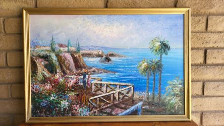 Large Original Acrylic Painting 26" X 38" Seaside Landscape Seascape Ocean
