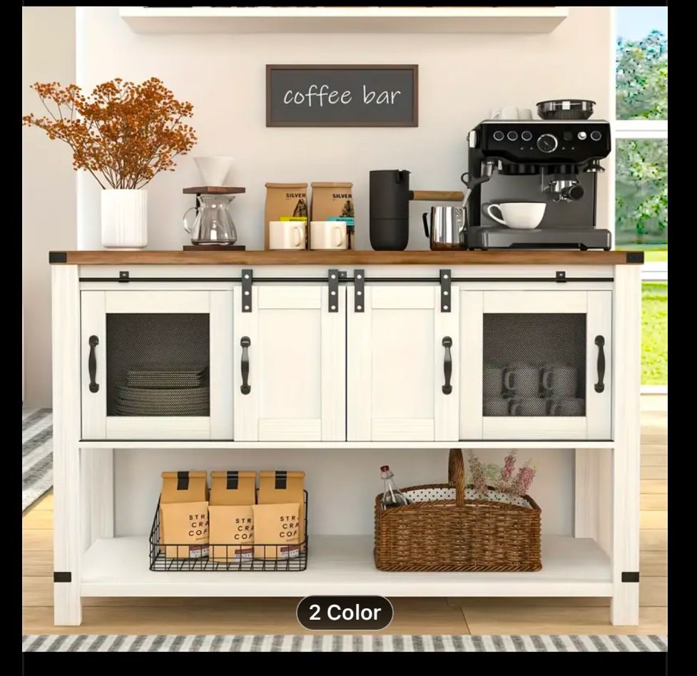 47" Farmhouse Coffee Bar Cabinet with Storage - Kitchen & Dining Coffee Station with Sliding Barn Door, Metal Mesh Doors, and Open Shelf - Rustic Whit