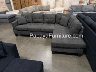 Grey Sectional Sofa With Tufted Buttons, Sofa, Sectional, Ash Grey Sectional, Small Living Room Sectional, Apartment, Small Space Sofa, nail trim desi