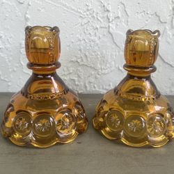 LE SMITH Amber Glass Moon&Stars Candleholders Set (of 2)