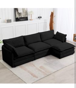 112'' Sectional Modular Cloud Couch, Oversized L Shaped 3 Seat Sofa with Movable Ottomans, 2 Throw Pillows, Upholstered Corduroy L Shape Comfy Deep Co