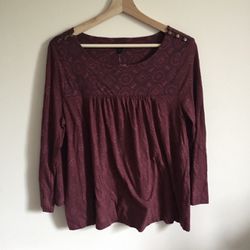 LUCKY BRAND Burgundy Wine Red Bohemian Pattern Long Bell Sleeve Blouse Top NEW