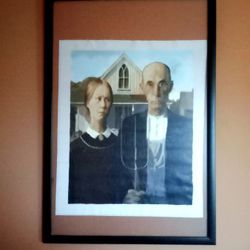 Vintage American Gothic, Classic Art Painting, Grant Wood Framed Oil Art
