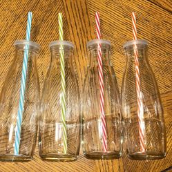 Glass Milk Bottle Style Bottles (4), Plastic Tops and Straws 