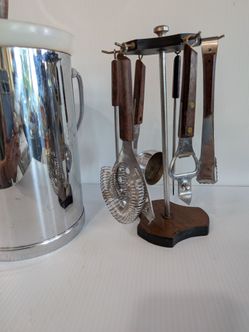 Vintage Mid-Century Modern spinning barware tools set
