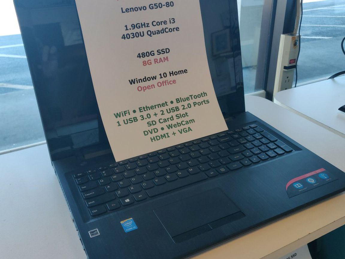 Lenovo G50 15.6" Laptop, Core i3 1.9GHz, 480GB SSD, 8GB RAM, Windows 10 Home...Fast !!
