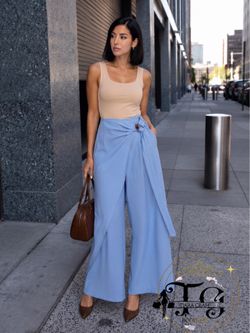 Elegant Chic Outfit Set: Light Blue Wide-Leg Pants & Nude Bodysuit