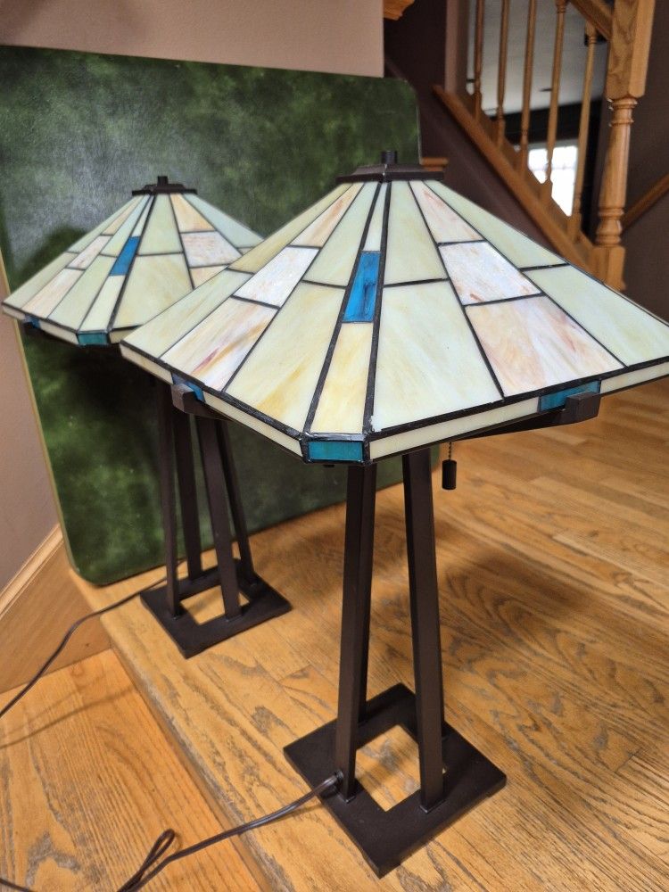 Stained Glass Mission Style Table Lamps H 26, Shade's W 15" x 15", Both $150