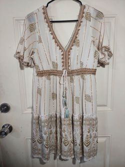 Anantā Boho White & Gold Metallic Tassel Dress | Embroidered Festival Beach Cover-Up | Flowy V-Neck Women's Dress